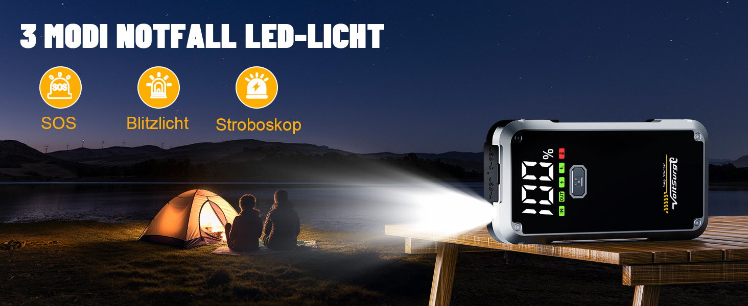 Powerbank Starthilfe VoltSurge 5000A: Зарядний пристрій для автомобіля, пусковий запуск, 5000A, 12V, для бензинових (7.0L) та дизельних (5.5L) двигунів, з LED-ліхтариком