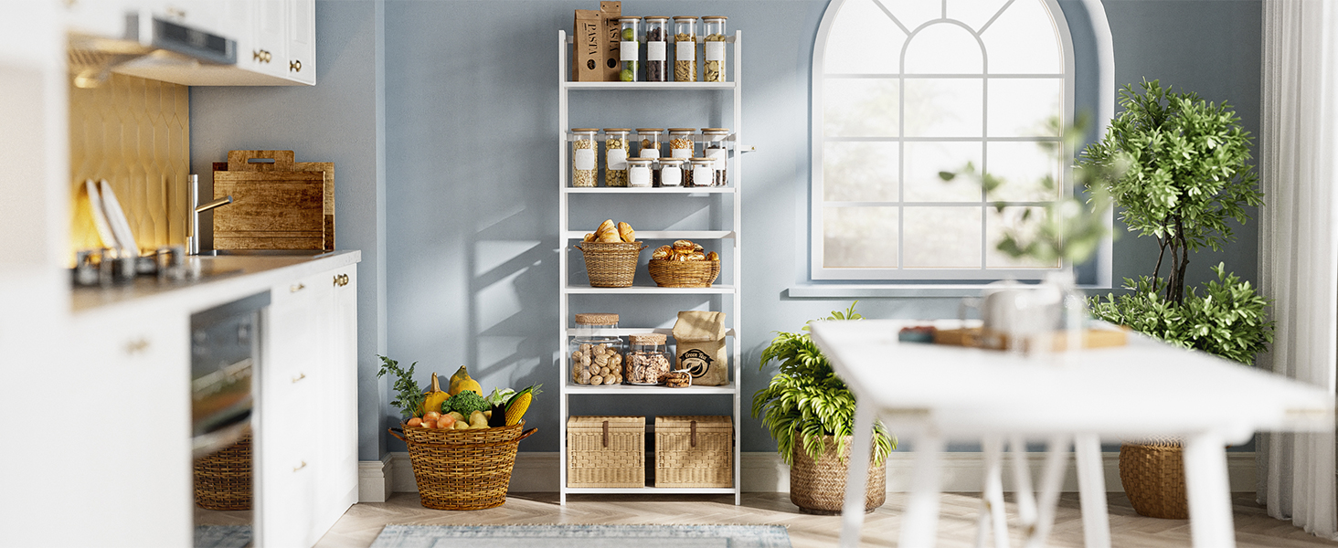 5-ярусна полиця для книг, індустріальна полиця з бамбуковим каркасом, сучасна полиця-вітрина, органайзер для зберігання з дерева для вітальні, домашнього офісу, рустичний колір (білий)