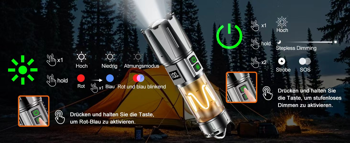 Потужний тактичний ліхтар Relybo LED, 1 000 000 Люмен, акумуляторний, з USB-зарядкою та плавним регулюванням яскравості, для кемпінгу та екстрених ситуацій (Чорний глянець)