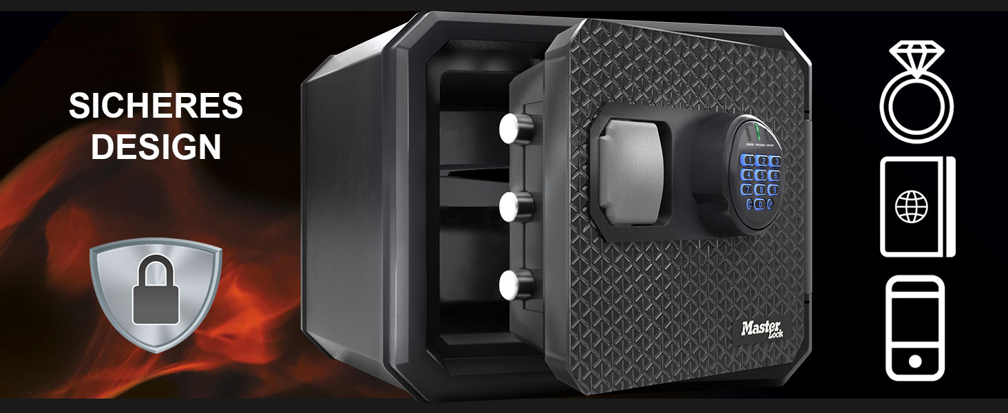 Master Lock FPW082FTCML - вогнестійкий та водонепроникний сейф, 23л, 417 x 348 x 478 мм, електронний замок з підсвічуванням, для дому та офісу, чорний