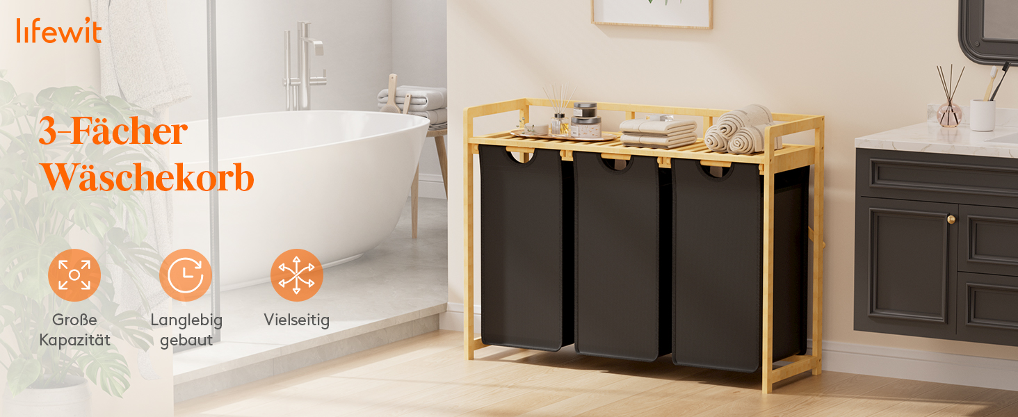 Кошик для білизни Lifewit з бамбуковим каркасом, 150л, 3 відділення, білий/чорний
