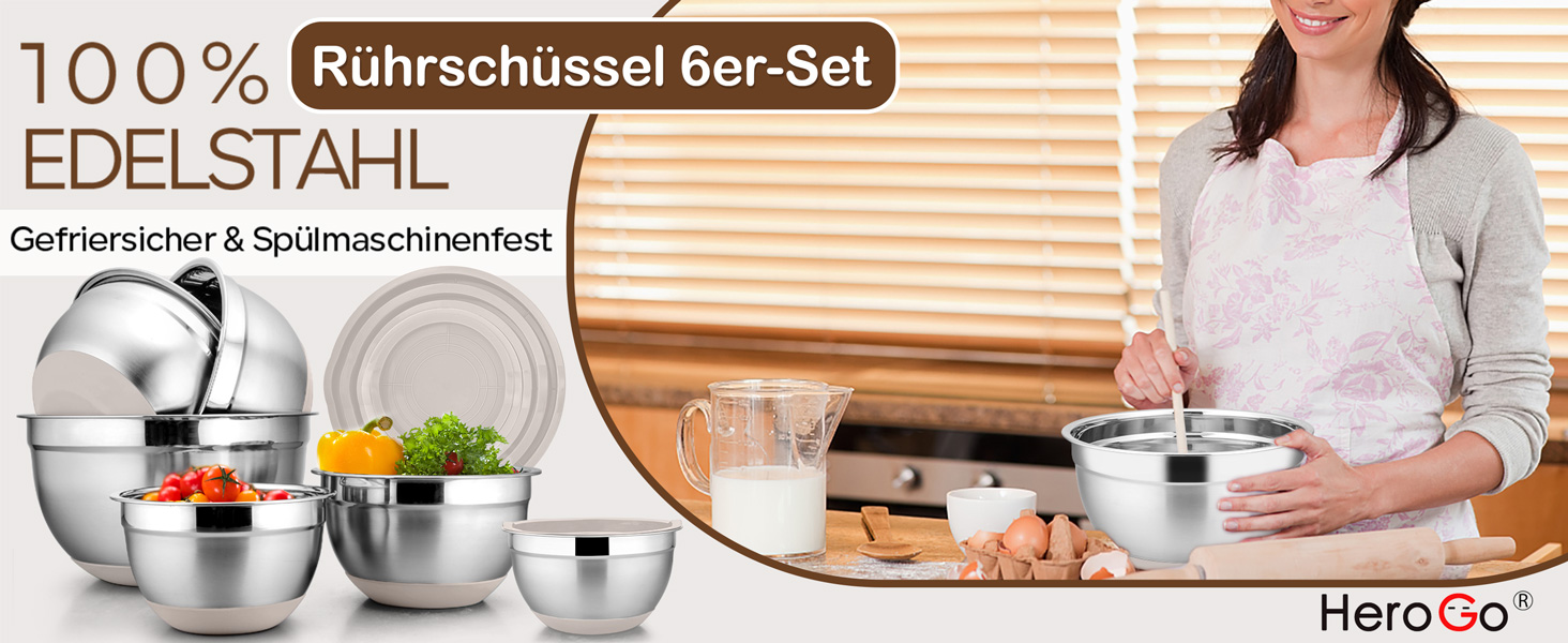Набір мисок Herogo (6 шт.) з нержавіючої сталі з кришками, 6,7/3,3/2,5/1,5/1,2/0,7 л, для приготування їжі/випічки/зберігання, миюча посудомийна машина, кольору хакі