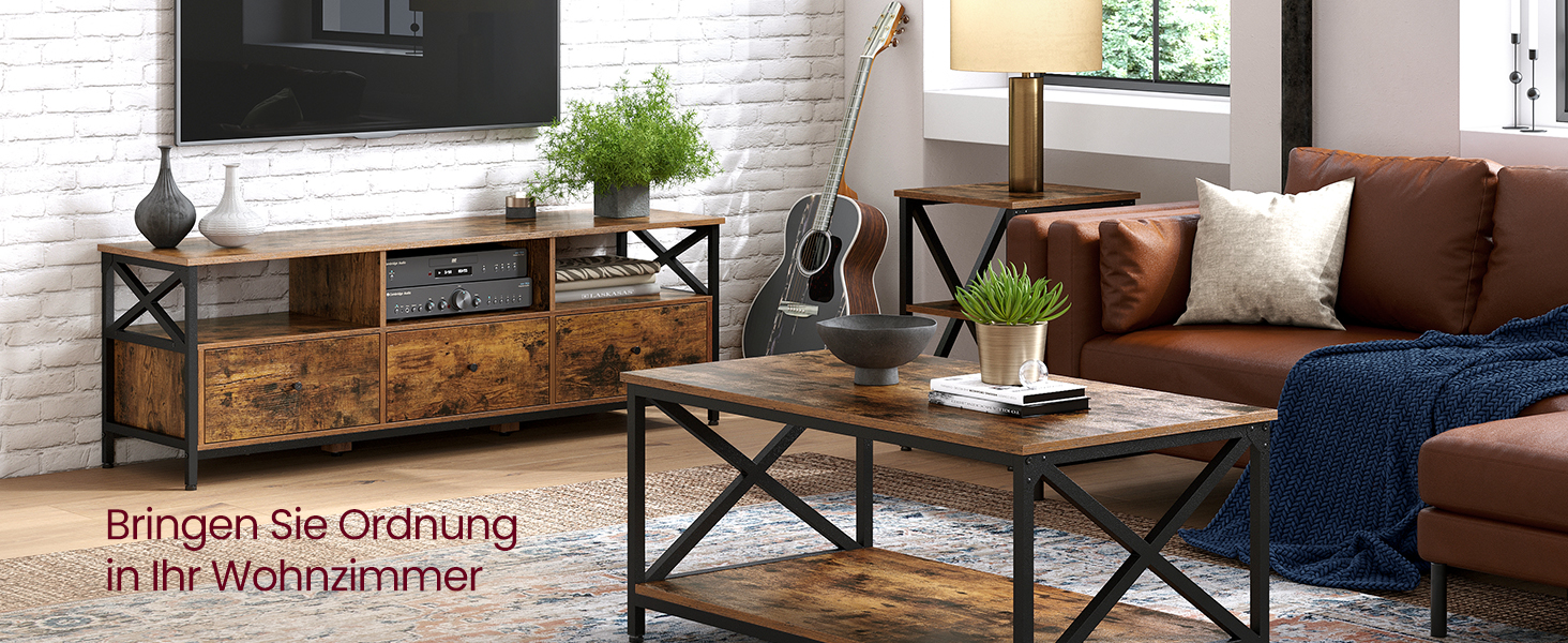 Тумба під телевізор VASAGLE до 80 дюймів, лофт, 3 шухляди, 3 полиці, вітальня, сталевий каркас, коричнево-чорний LTV302B01