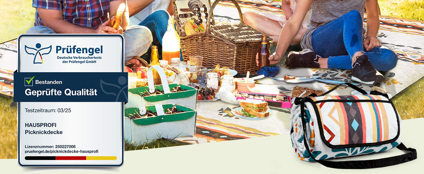 Водонепроникний килимок для пікніка HausProfi Boho 200x200 см, ізольована пляжний ковдра для кемпінгу з бавовняним наповнювачем, ручкою та кілками