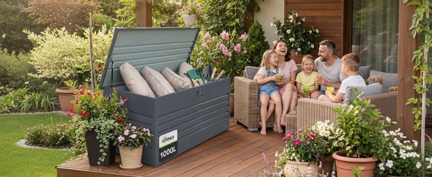 Універсальний садовий ящик-скриня Columba 490 л з кришкою - вуличний шафа, лавка зі зберіганням, контейнер для подушок, садовий будиночок, ящик для інструментів - чорний