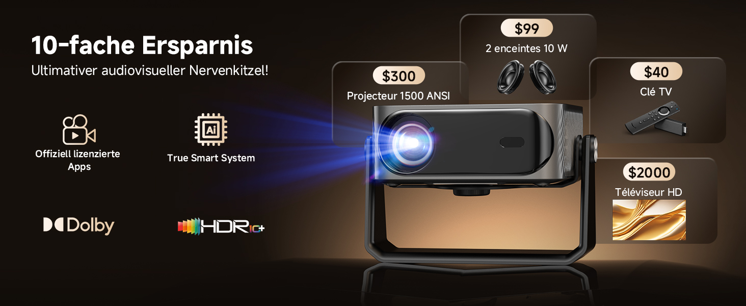 Розумний 4K проектор iSinbox з Netflix, автофокусом та корекцією трапеції, WiFi 6, Bluetooth 5.3, HDR10+, портативний домашній кінотеатр, сірий