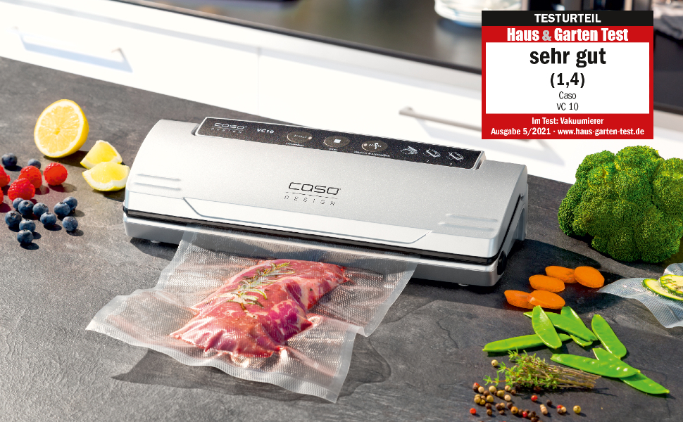 Вакууматор CASO VC10 для продуктів харчування, пристрій для вакуумування з 10 пакетами, ширина шва 30 см