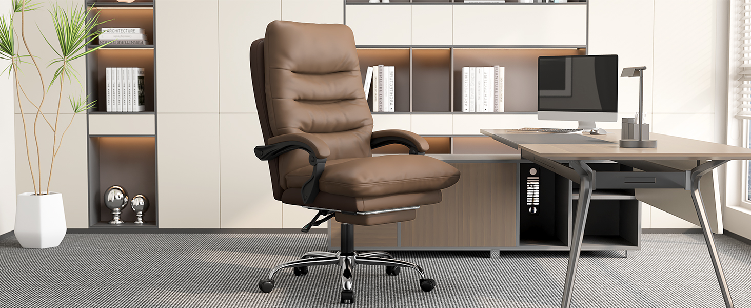 Ергономічне крісло для офісу Naspaluro з підніжкою, комп'ютерне крісло з подвійним шаром подушок, високою спинкою, функцією відкидання, регулюванням висоти, PU-шкіра, до 150 кг (колір: коричневий, штучна шкіра)
