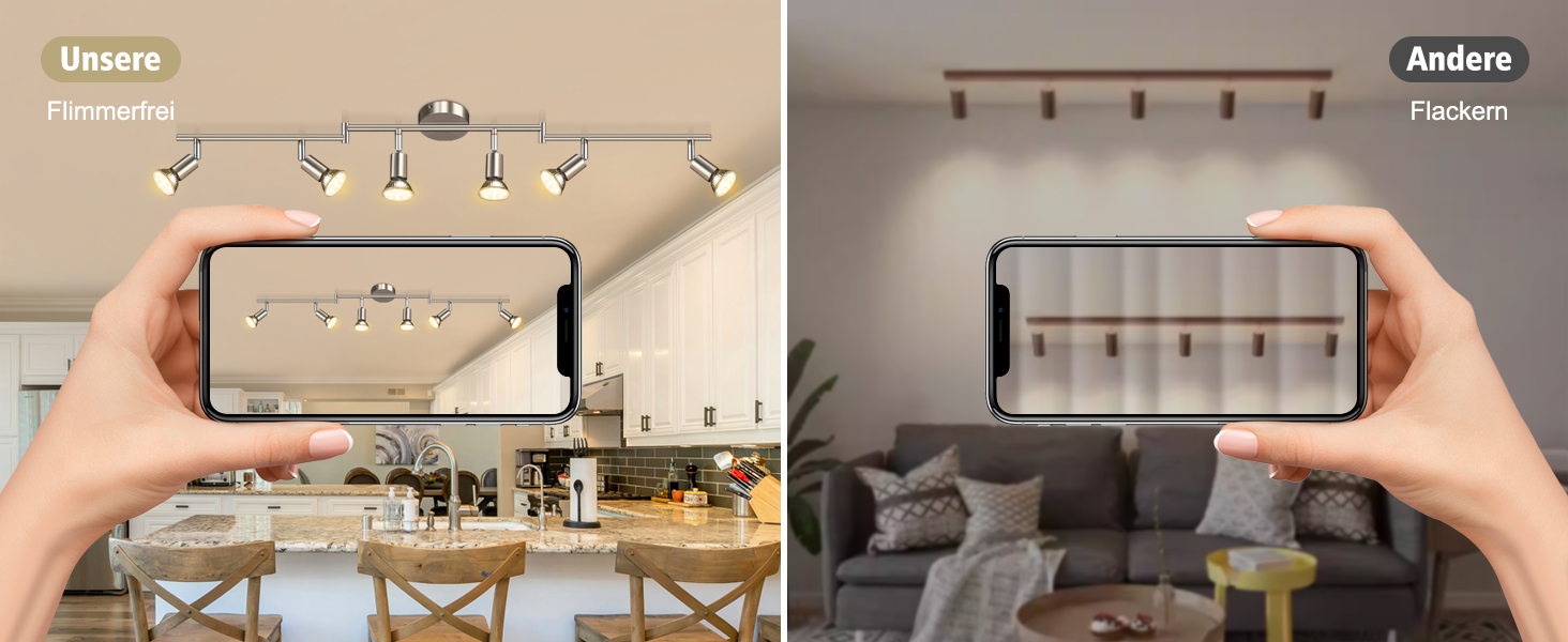 Стельовий LED світильник Defurhome на 6 спотів, поворотна сучасна люстра (матовий нікель) для кухні, вітальні та спальні, включаючи 6 ламп GU10 4W (теплий білий), сріблясто-сірий