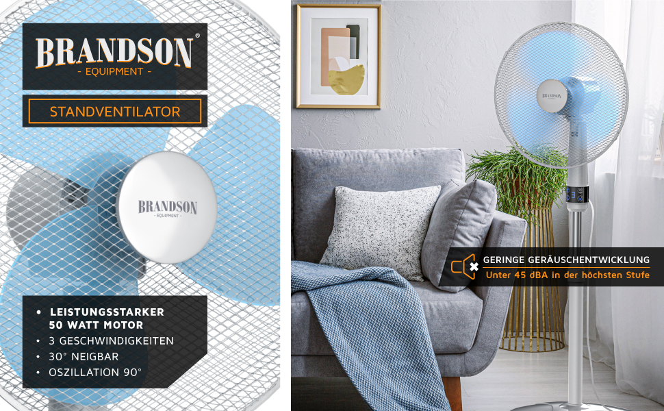 Вентилятор підлоговий Brandson 40 см, срібно-чорний, з пультом, 3 швидкості, коливання 80°, високий потік повітря