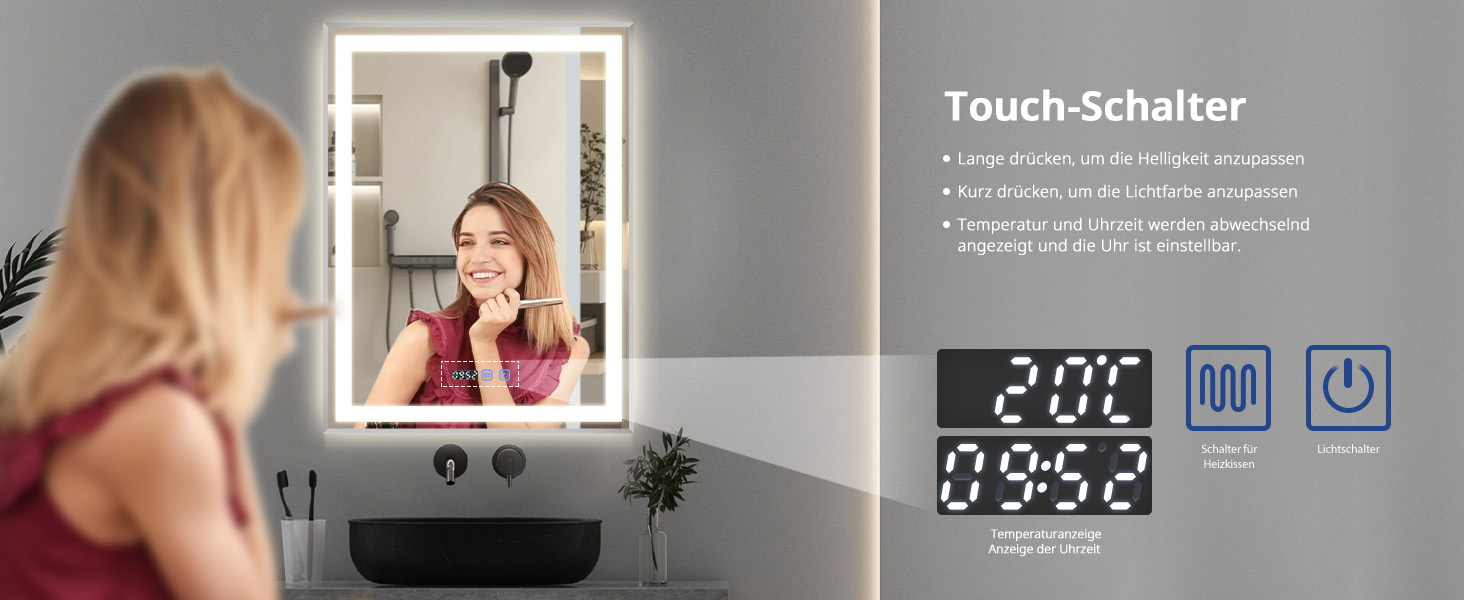 Дзеркало для ванної кімнати YOURLITE з підсвічуванням, 85x55 см, LED, сенсорне керування, 3 кольори світла, регулювання яскравості, антизапар, горизонтальне/вертикальне, IP44, білий (срібний, 80x60 см)