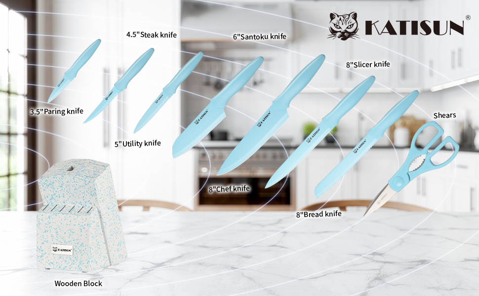 Набір кухонних ножів Katisun 16 предметів з японської сталі, з бруском для заточування, дощечкою та ножицями, кухонний набір для нарізки, шинкування та нарізання, безпечний для миття в посудомийній машині (14 ножів, синій/синій)