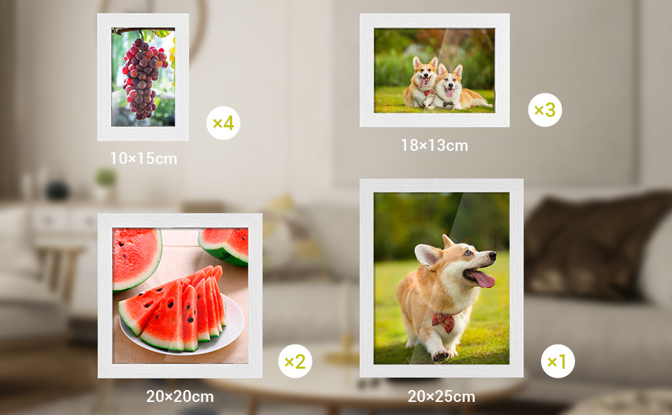 Набір фоторамок LIFERUN, набір з 10 фоторамок, рамка для фоторамок МДФ, різні розміри 20x25 см, 20x20 см, 13x18 см, 10x15 см, набір фоторамок для кількох картин для сім'ї (білий)