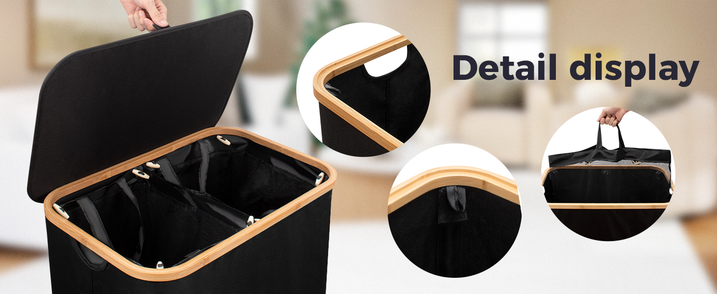 Кошик для білизни Rieeyrslza з кришкою 158 л з бамбука з 2 знімними мішками для білизни, Oxford, складний, для сортування, багатофункціональний, для ковдр та одягу (сірий) (чорний 145л)