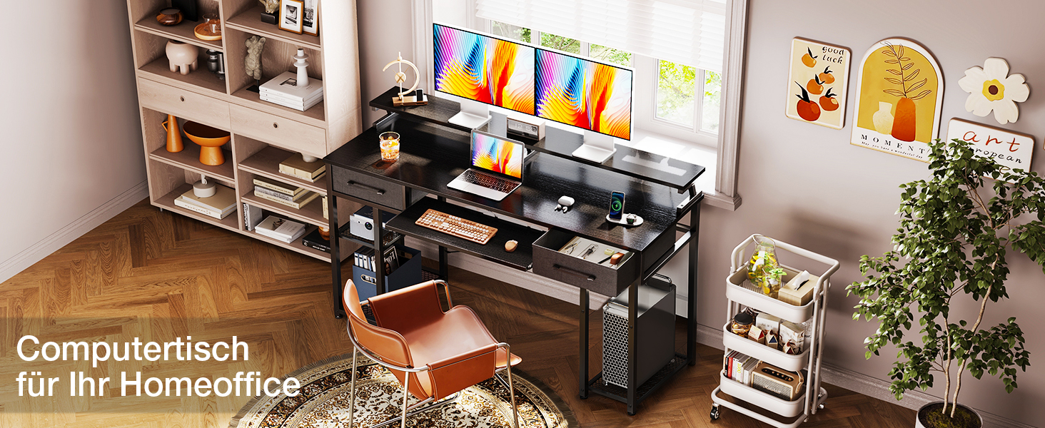 Комп'ютерний стіл ODK з ящиками 120x48 см, з полицею, для дому та офісу, чорний