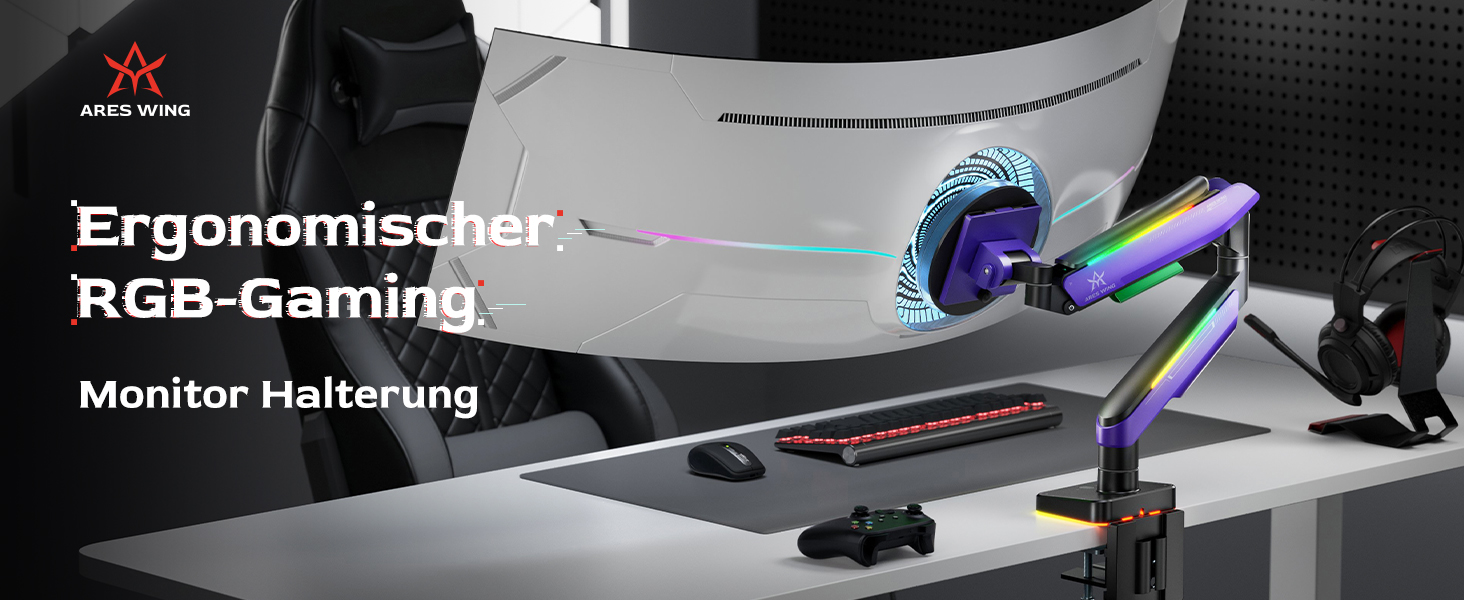 Кріплення для монітора ARES WING Gaming – для моніторів 17-49 дюймів, RGB, витримує до 20 кг, VESA 75/100 мм (фіолетовий)