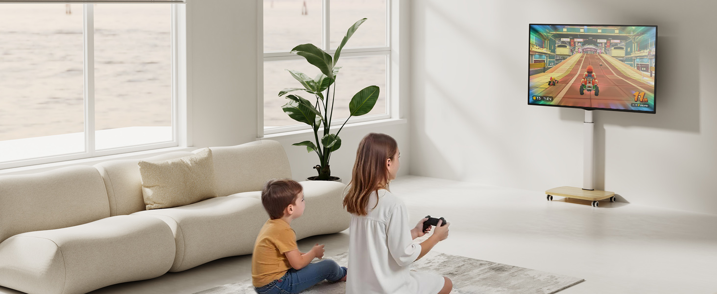 Підставка для телевізора мобільна з дерев'яною основою, поворотна, 19-42 дюйми, біла, до 20 кг, VESA 200x200 мм