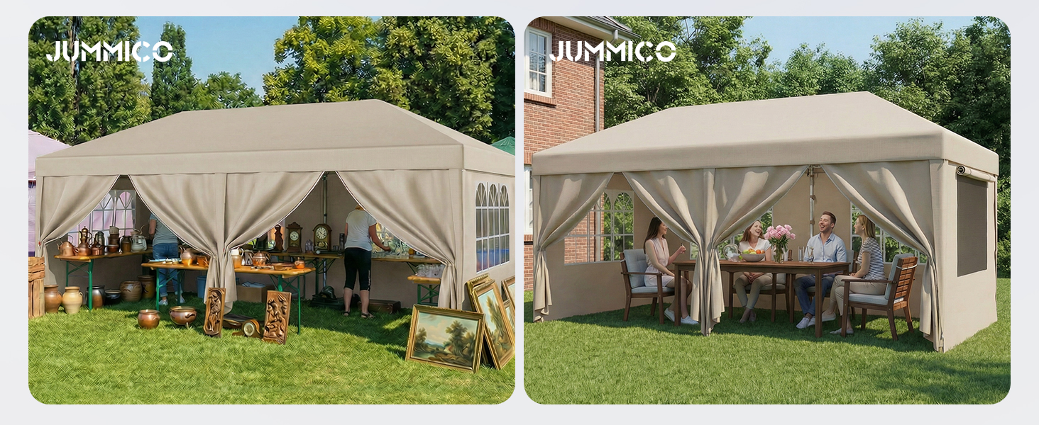 Павільйон садовий JUMMICO 3x6 м бежевий, водонепроникний, з бічними стінками, захист UV 50+, регульована висота, для кемпінгу, тераси, подій