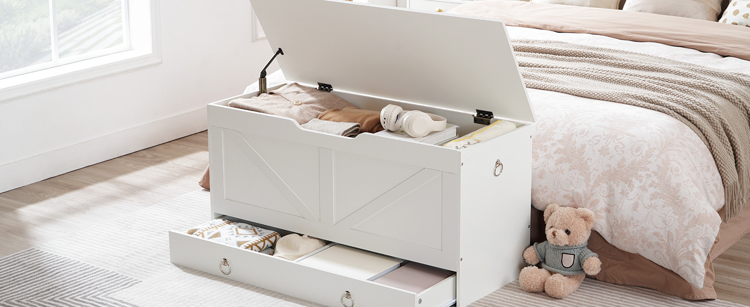 HOOBRO Лавка-сховище з ящиком, дитяча іграшкова скриня, біла, 100 см