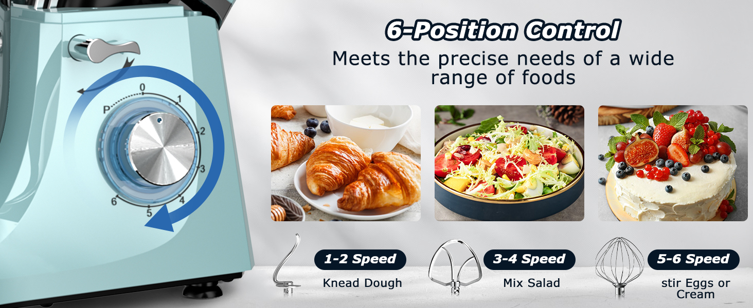 Кухонна машина Cheflee 2000W: потужна планетарна міксер для тіста та збивання, 6 швидкостей, 7.2 л чаша з нержавіючої сталі, гак для тіста та вінчик, захист від бризок (блакитна)