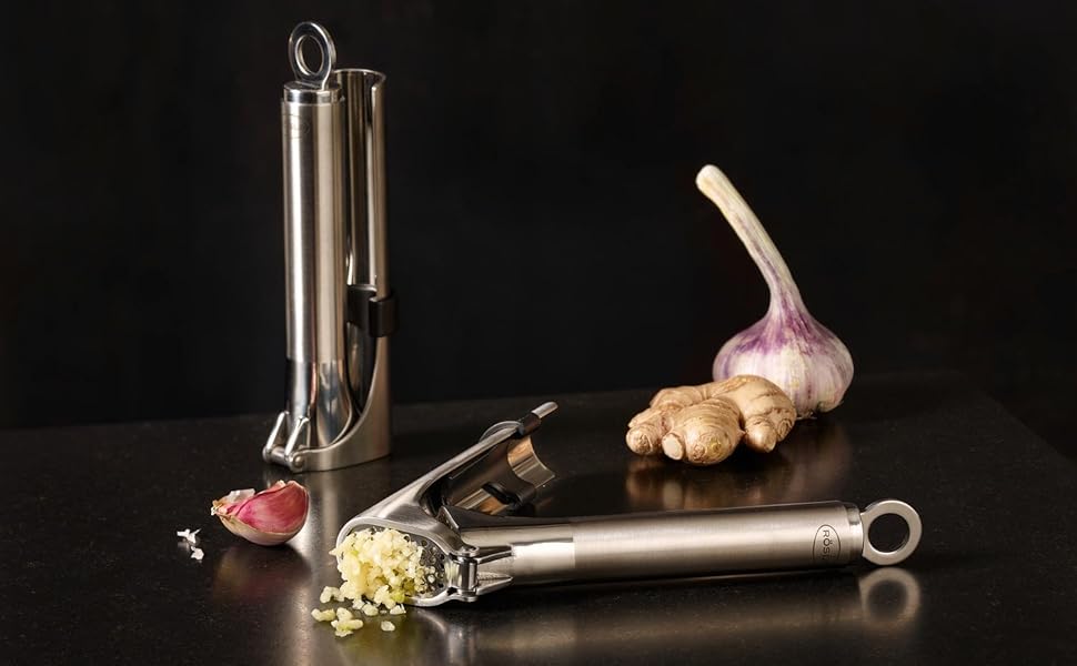 Прес для часнику та імбиру RÖSLE, професійна якість, нержавіюча сталь 18/10, з розкладним ситом, для посудомийної машини, сріблястий