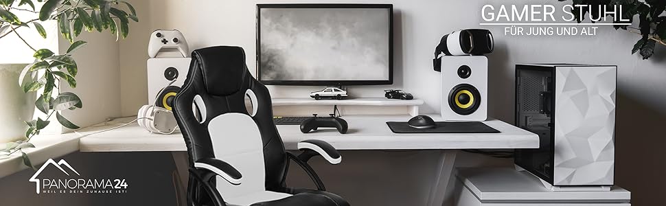 Ігровий крісло Panorama24 для геймерів та офісу, чорний, 9 кольорів, підйомний механізм, до 150 кг, сертифікат TÜV
