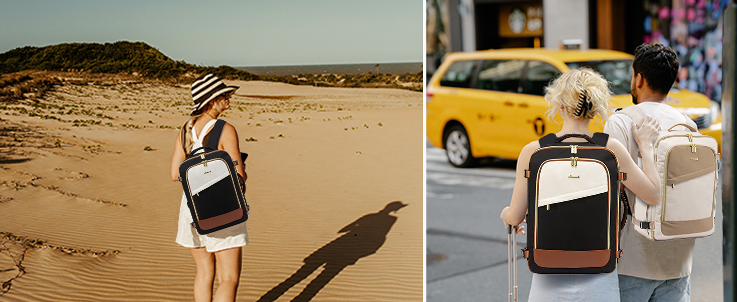 Рюкзак LOVEVOOK для ручної поклажі літака, жіночий водонепроникний рюкзак для подорожей з відділенням для взуття, 17-дюймовий рюкзак для ноутбука, 40L, 45x36x20, ручна поклажа, чорний + бежевий + каштановий