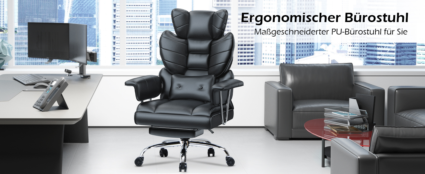 Ергономічне крісло для офісу з висувною підніжкою, регульоване по висоті, велика м'яка спинка, індивідуальна підтримка попереку, крісло для начальника з PU-шкіри, чорне з підніжкою