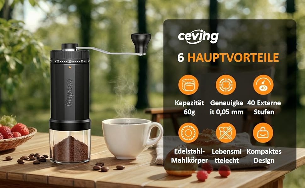 Ручна кавомолка Erste MEGA PRO 60г для еспресо, пуроверу, подорожей та кемпінгу. Регульований помел (40 позицій), нержавіюча сталь.