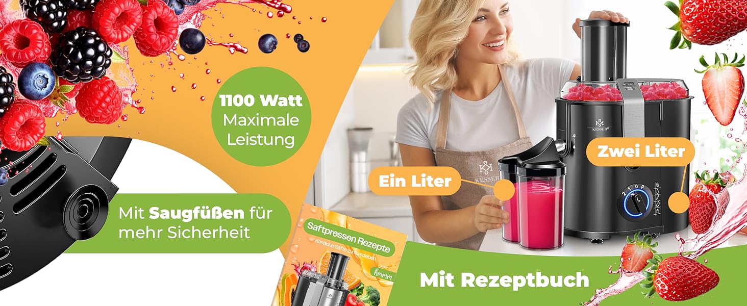 KESSER® Електрична центрифужна соковитискачка для фруктів та овочів з нержавіючої сталі 1100W, велика завантажувальна трубка, 3 швидкості, сірий/срібний колір