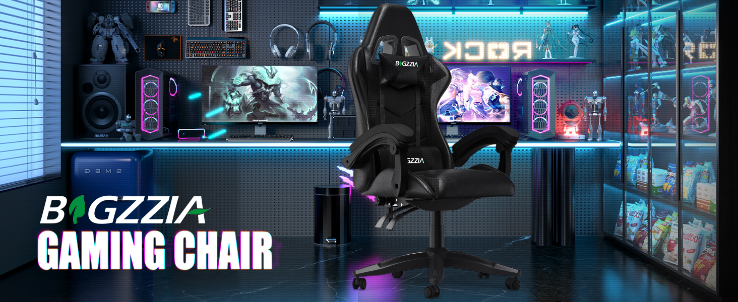 Ігровий крісло Bigzzia Ergonomiczne - Чорний, для геймерів, PC, комп'ютерне, з підголівником та підлокітниками