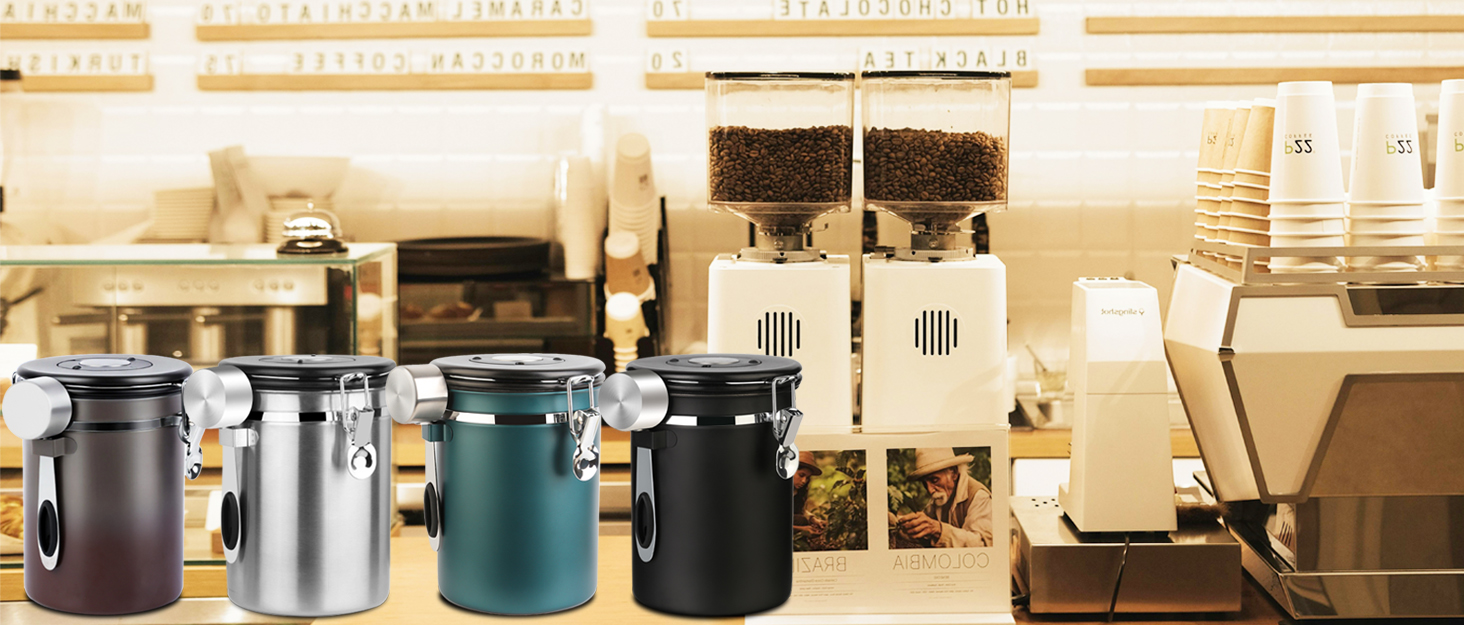 Герметична кавова банка з нержавіючої сталі, 1,8L, з датчиком дати, CO2-вентилем та мірною ложкою, для кави, чаю, горіхів, какао, чорна