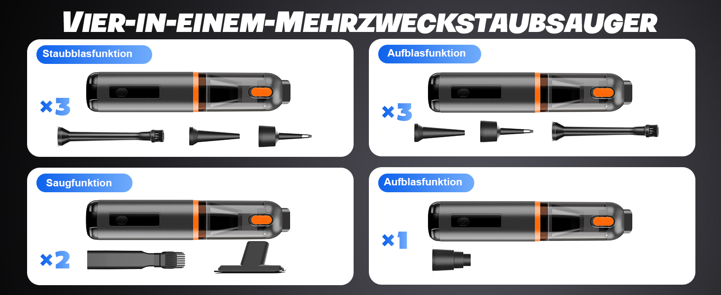 Акумуляторний ручний пилосос для авто та дому 4-в-1, безщітковий мотор, потужність 26000Па, 3 режими всмоктування, з підсвіткою (Помаранчевий)