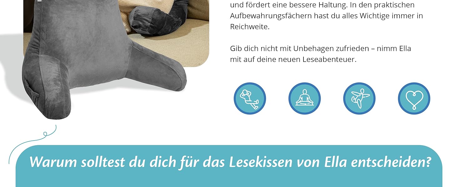Подушка для читання Ella Lesekissen для ліжка та дивана з знімною подушкою для шиї - подушка для спини - подушка для читання з піною з пам'яті з підлокітниками, ідеально підходить для читання, перегляду телевізора, лінощів або як підтримка спини - сіра