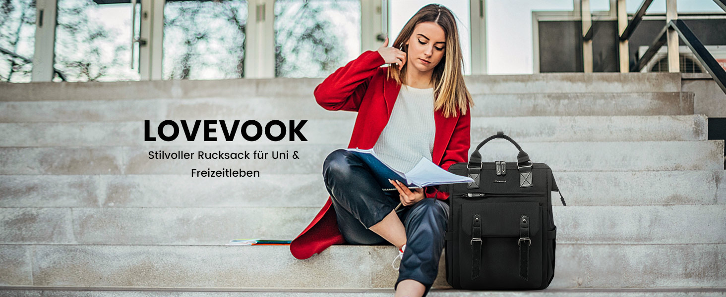 LOVEVOOK Рюкзак жіночий, чорний, 15.6 дюймів, водонепроникний, для школи, університету, роботи, подорожей, з USB-кабелем