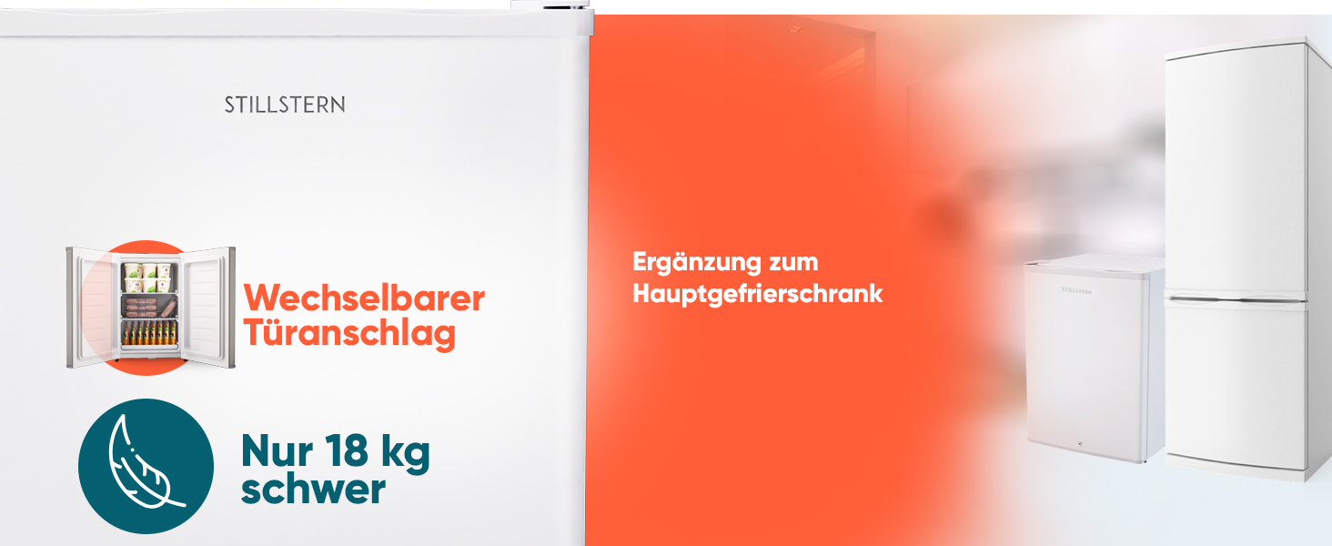 Stillstern Міні морозильник 42L -18°C з формою для льоду, замком, змінним напрямком відкривання дверцят, 4-зірковий глибокий заморожувач для кемпінгу/офісу. Срібний колір.