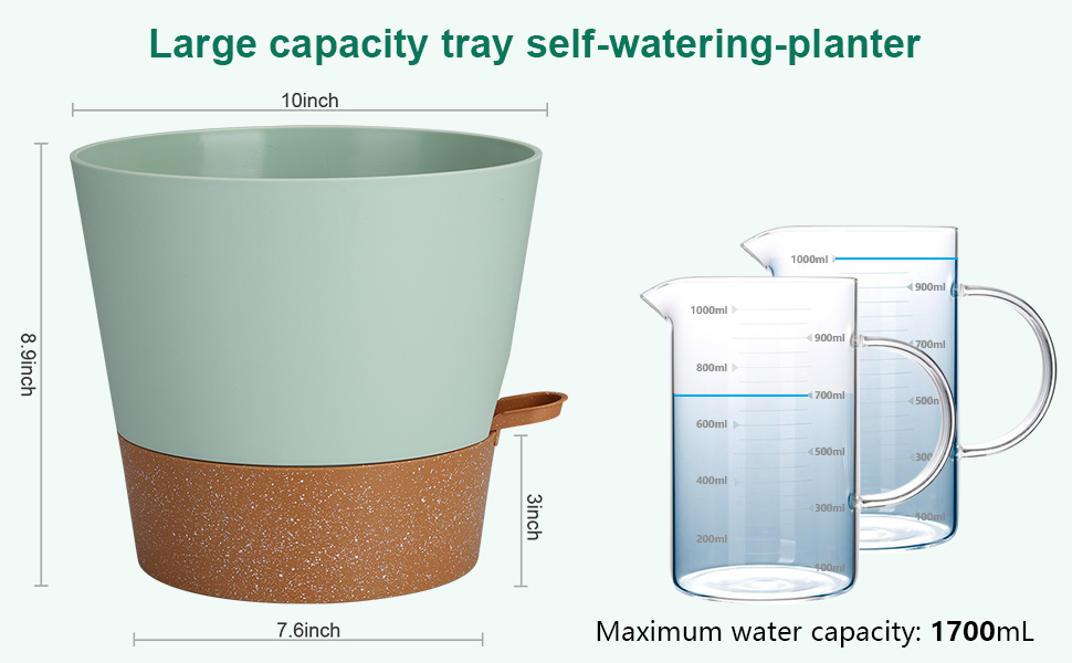 Набір з 2 горщиків для квітів 25.4 см, пластик, з системою поливу, для дому, балкону, саду, сукулентів, кактусів (зелений, коричневий)