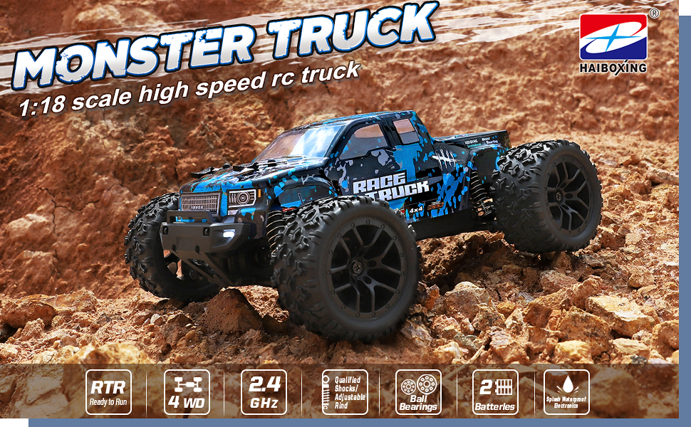Радіокерований монстр-трак HAIBOXING 1/18 4WD 36 км/год, водонепроникний, 2.4 GHz, RTR з акумулятором 7.4V для дітей та дорослих