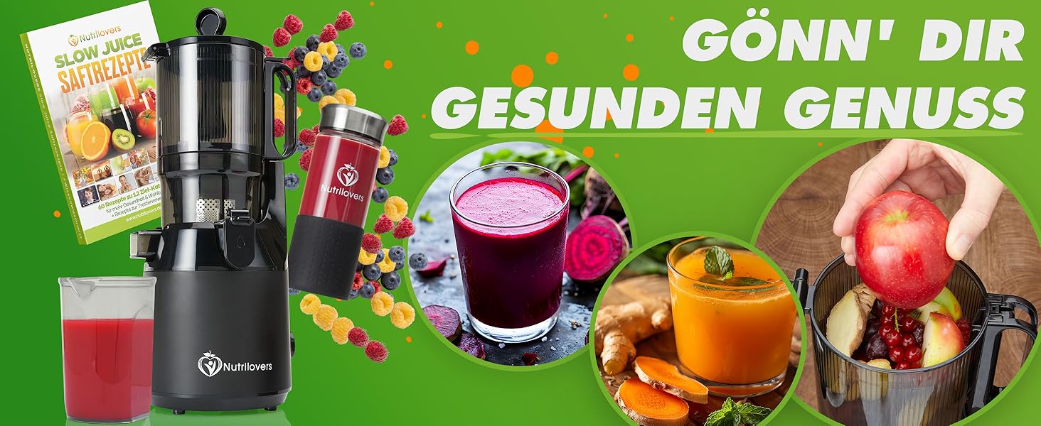 Entsafter Nutrilovers NUTRI-PRESS MAX: холодний віджим, велика завантажувальна горловина 135 мм, без BPA, з рецептами, чорний