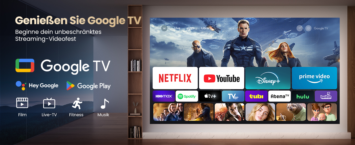 Beamer 4K для дому з Google TV, 1200 ANSI, Netflix, FHD 1080p, автофокус, корекція трапеції, 20W, WiFi6, Bluetooth, для вулиці, чорний