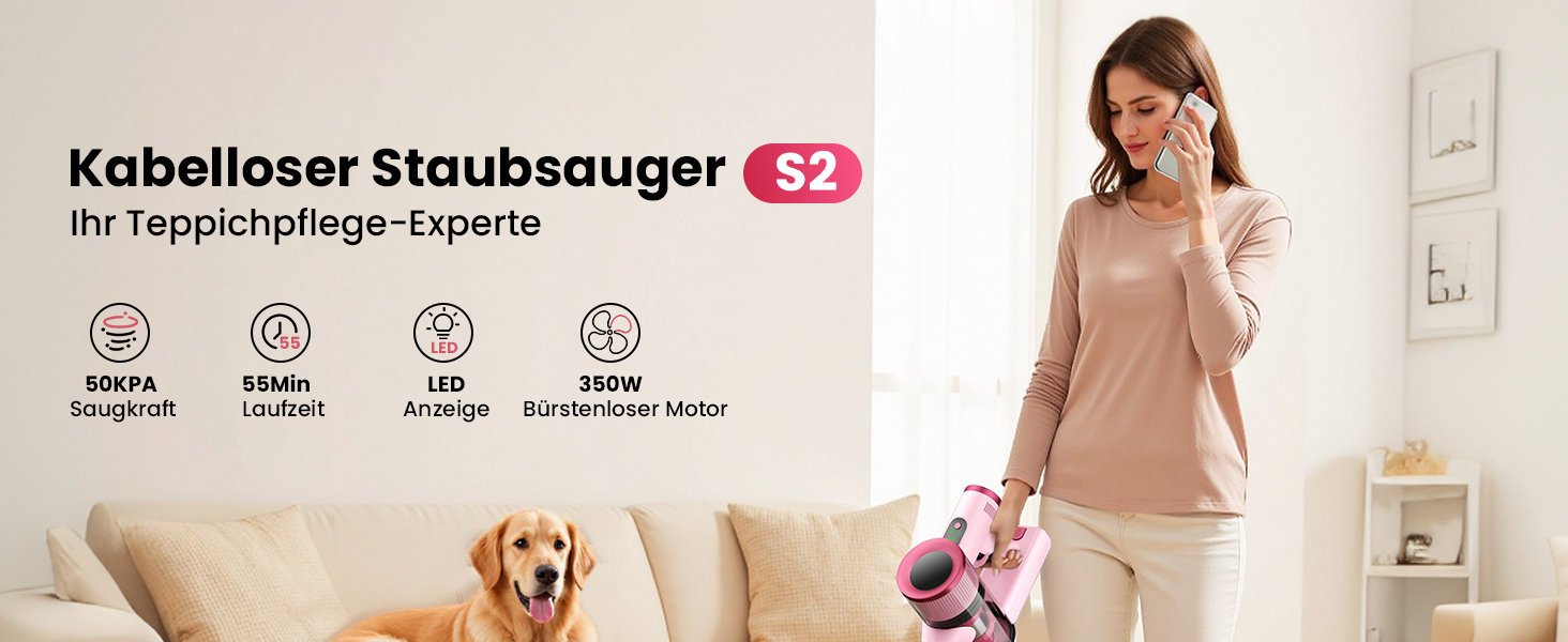 Акумуляторний пилосос Dzaki 50000 Па з дисплеєм, підставкою, довгою роботою та щіткою проти заплутування для килимів, твердих підлог, шерсті тварин, авто - помаранчево-рожевий