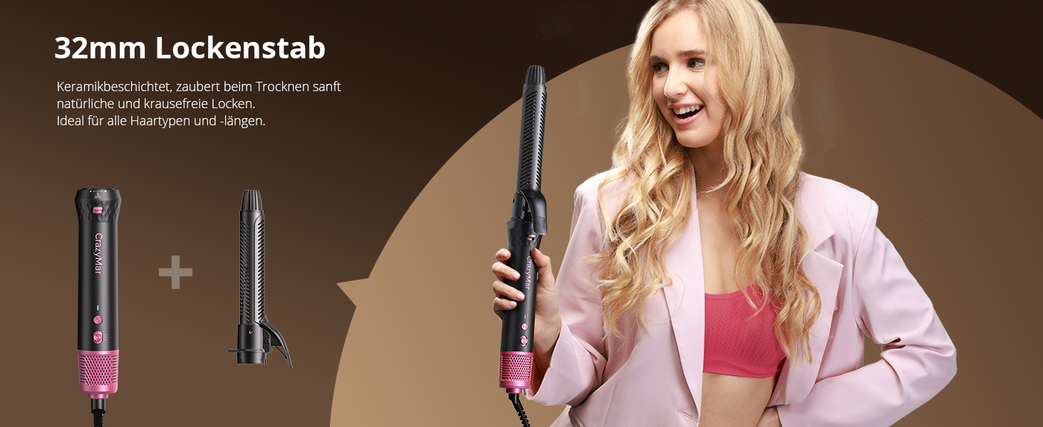 CrazyMar Airstyler 7-в-1: Фен-щітка з іонізацією, автоматичний стайлер для волосся, випрямляч та плойка (чорний)