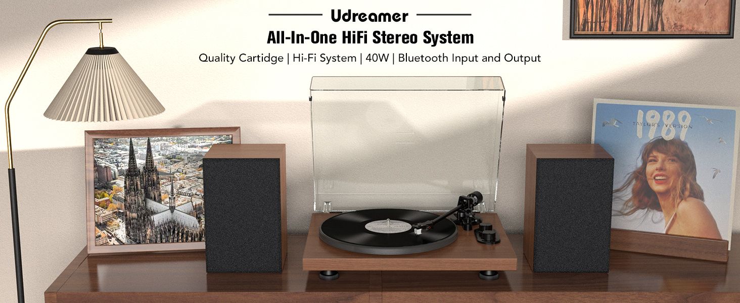 Вініловий програвач Udreamer з вбудованим передпідсилювачем, Hi-Fi система 40 Вт, Bluetooth, алюмінієвий диск, пасиковий привід 2 швидкості, AT-3600L, коричневий