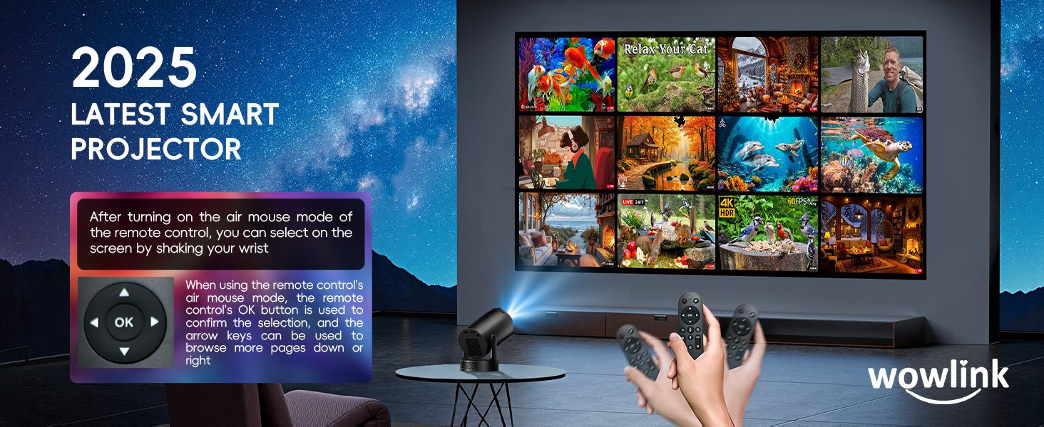 Портативний проєктор Mini Beamer 4K/1080P з WiFi 6 та Bluetooth 5.4. Підтримка HDMI, TV Stick, Memory Stick, Laptop. Автоматичне вирівнювання Keystone, чорний