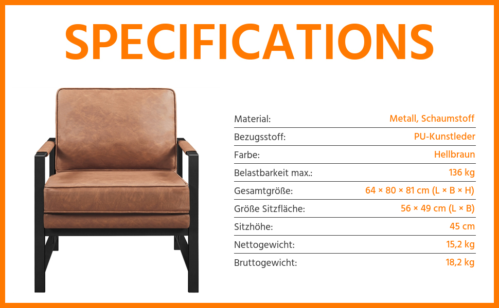 Крісло-реклакс Yaheetech з металевим каркасом та штучною шкірою, світло-коричневе