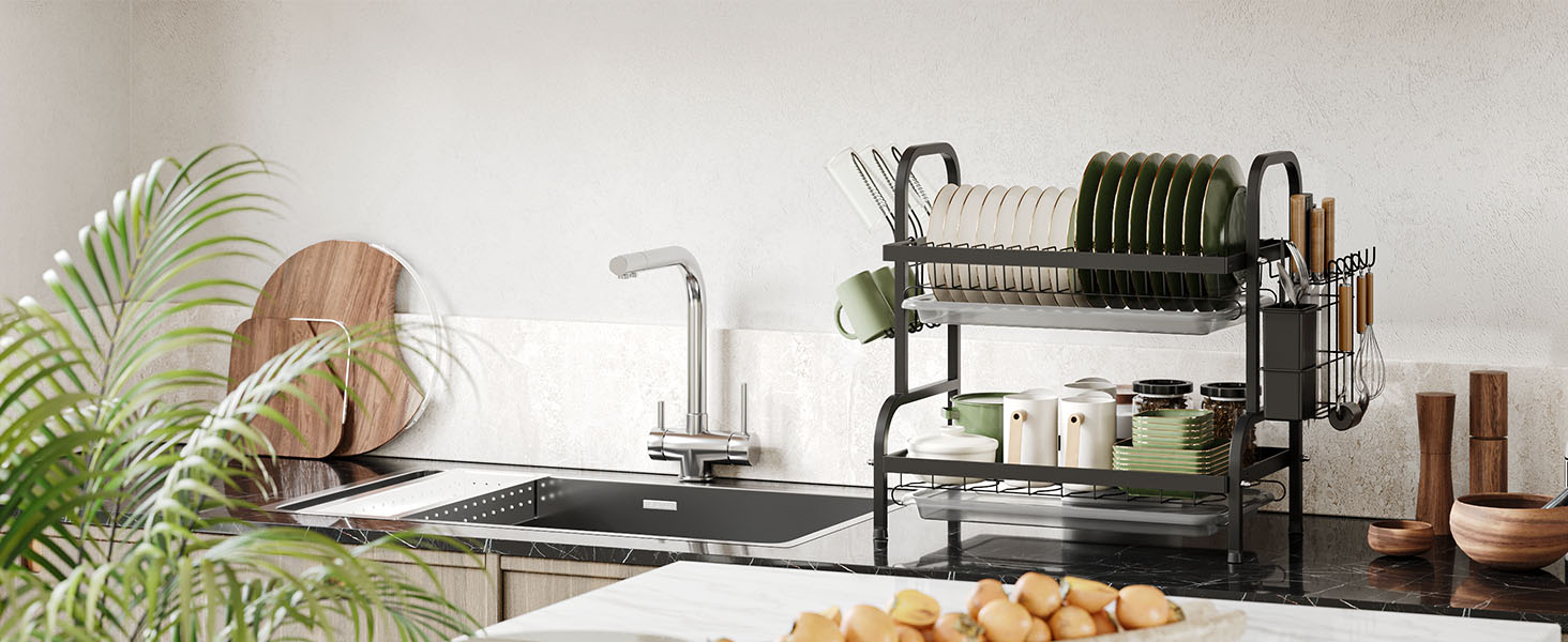 Сушарка для посуду NETEL 2-ярусна, чорна: з піддоном, тримачем для столових приборів та чашок