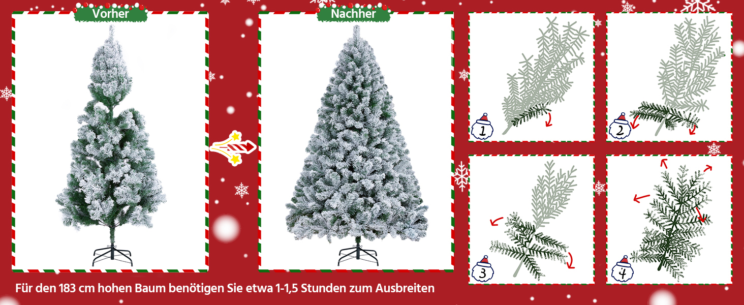 Штучна ялинка Yaheetech зі снігом 183 см (діаметр 120 см), 820 гілок, з металевим підставкою, швидкий монтаж, складана конструкція для Нового року