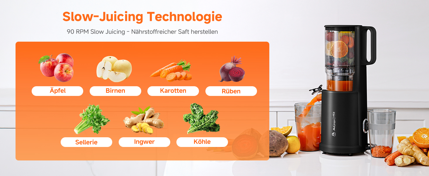 AOBOSI Повільнодіючий соковитискач з великою завантажувальною воронкою 135 мм, 200 Вт, холодний віджим, зворотний хід, потрійний фільтр, BPA-free, тихий, для свіжих соків з фруктів та овочів, чорний