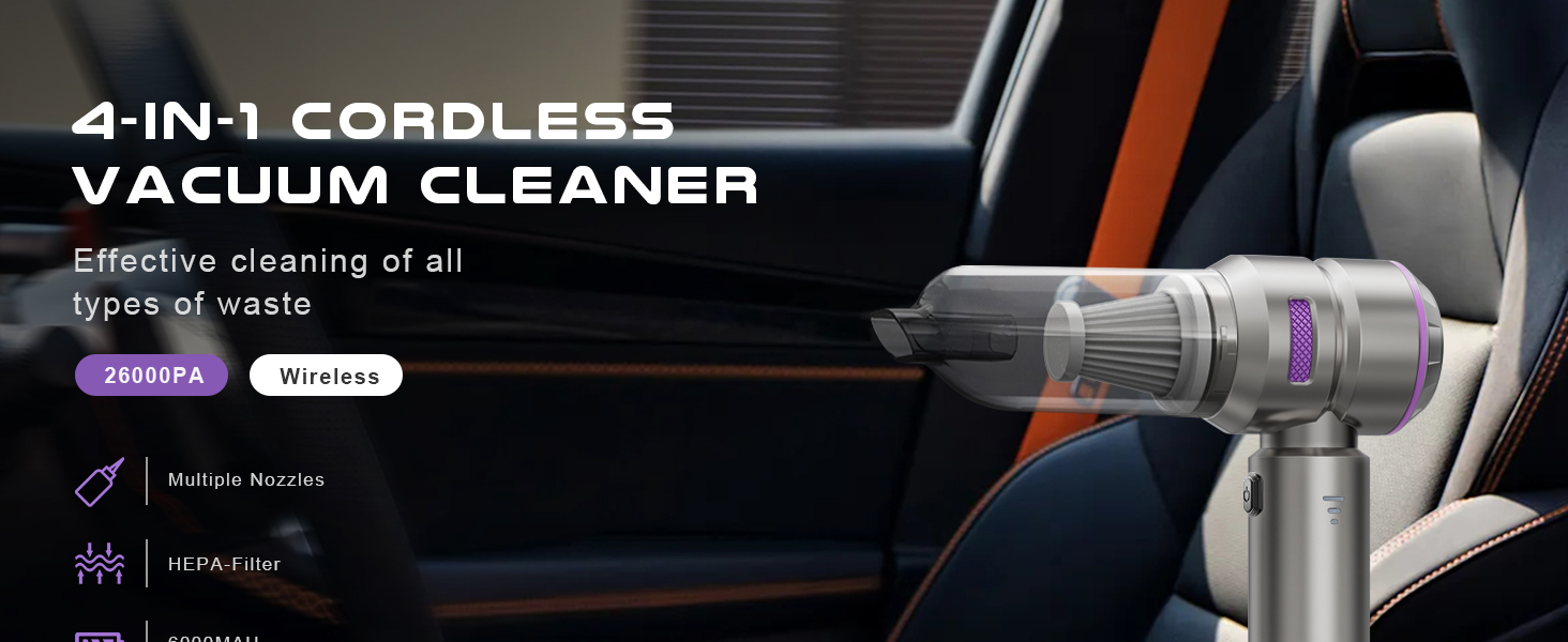 Акумуляторний ручний пилосос KITBEZN 4-в-1 для авто та дому, бездротовий пилосос із безщітковим двигуном для прибирання шерсті тварин та диванів, сріблястий