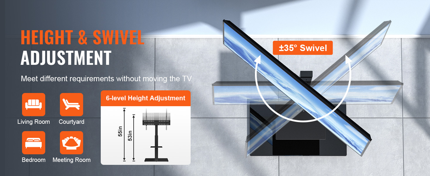 Стійка для телевізора VEVOR поворотна підлогова 32-85 дюймів, регульована по висоті, з міцною скляною основою, чорна